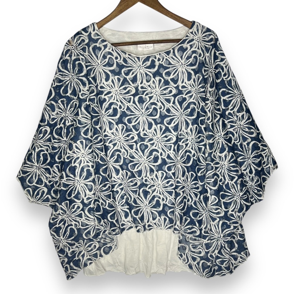 Vine‎ Street Floral Tunic Blouse Made USA Lined Poncho Oversized Blue White L